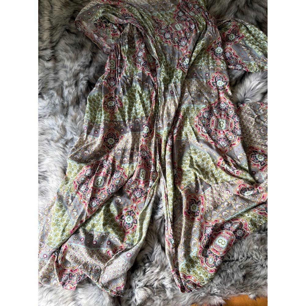World Market Boho Paisley Floral Maxi Dress Green Pink Rayon Kimono Sleeve L/XL - Picture 5 of 7